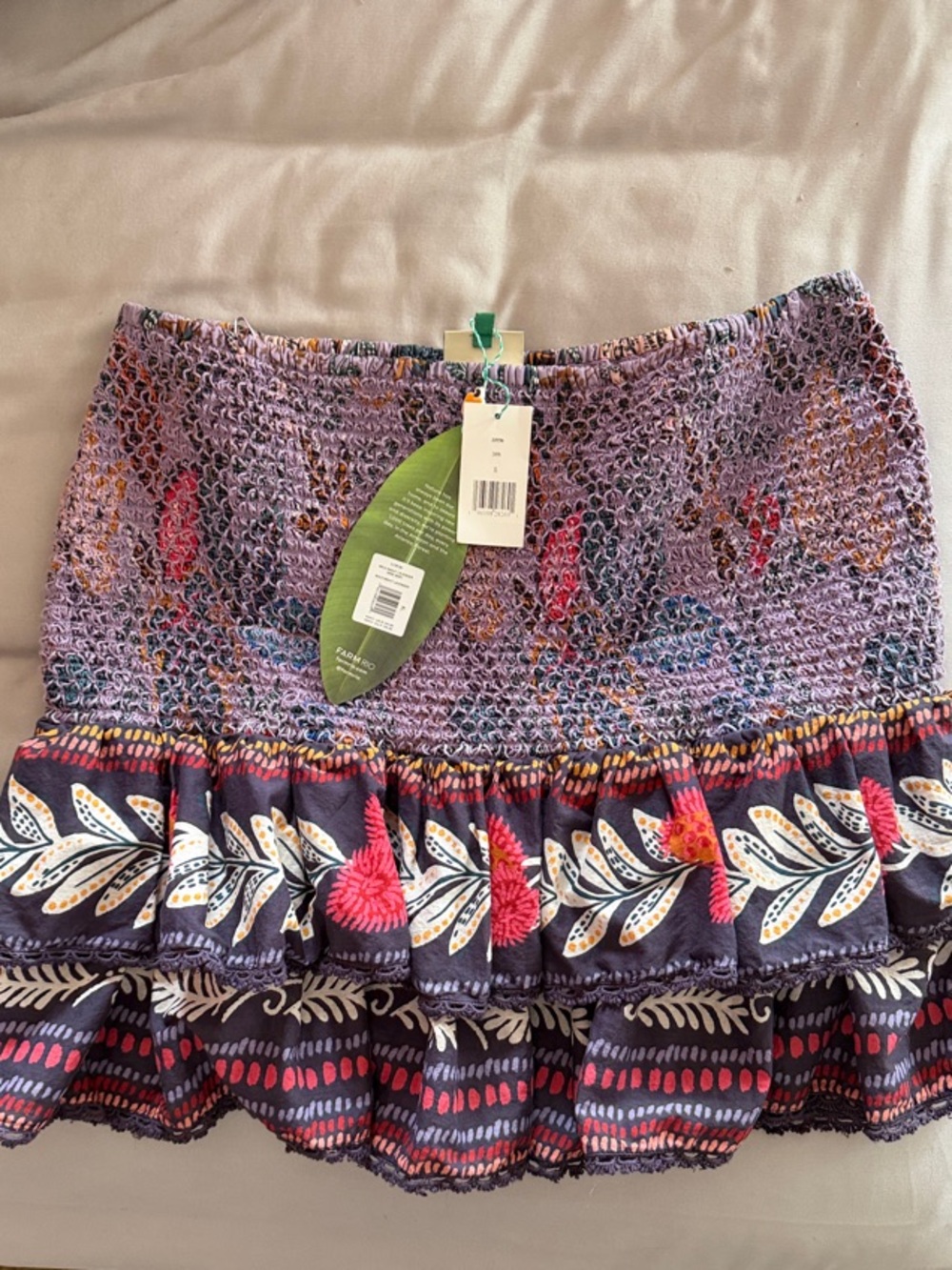 FARM Rio Lavender Tiered Mini Skirt with Pink & Navy Floral Accents